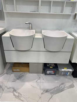 Комплект тумба подвесная с столешницей с двумя раковинами NOVELLO CANESTRO Rovere Bianco 1200х370х50