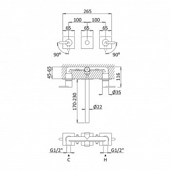 Смеситель для раковины настенный встроенный на 3 отверстия BRUMA LUSA 101 910 1SR золото матовое 230