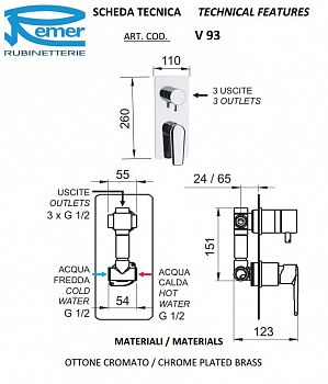 Смеситель для душа встроенный на 3 положения REMER VANITY V93BO белый матовый